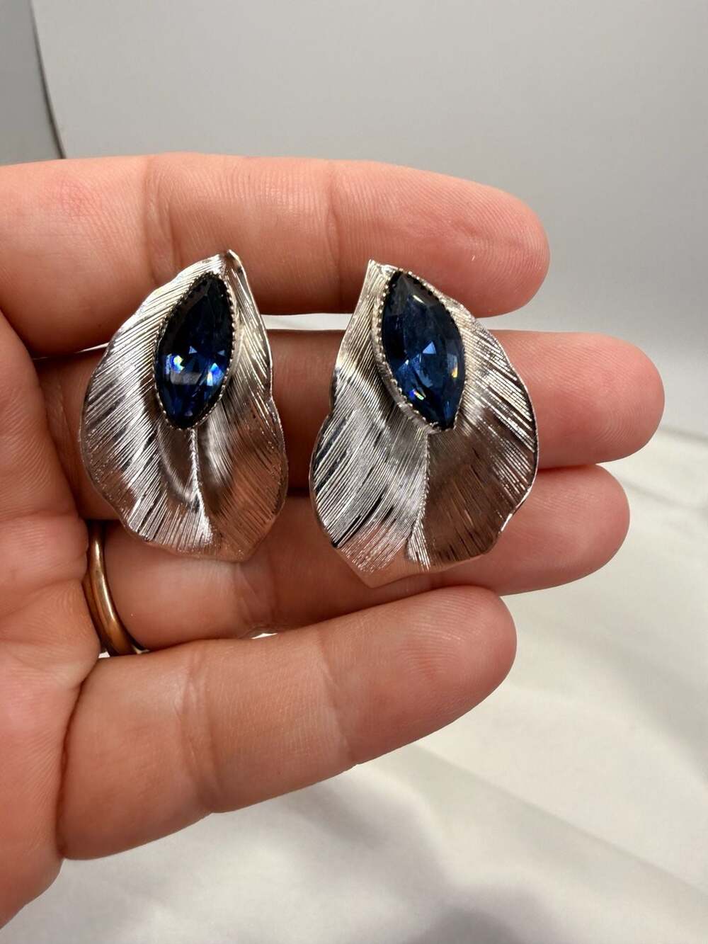 Whiting & Davis Silver Tone Leaf Blue Rhinestone Earrings